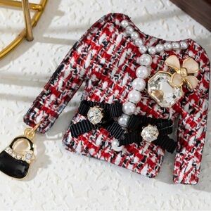 Adorable Tweed Pearls Rhinestones Purse Brooch or alligator hair clip NWT